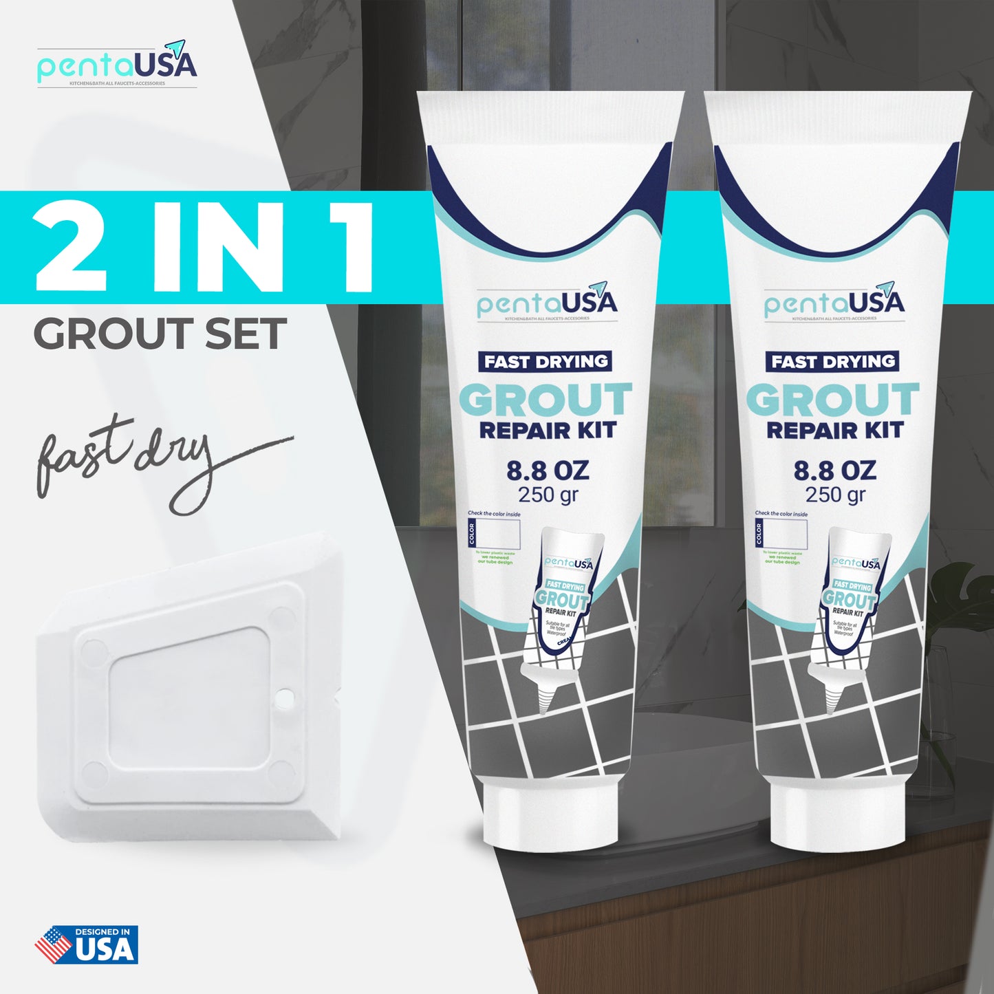 2 Pack White Tile Grout- 2X8.8 oz,250 Gr, Fast Drying Repairs and Renews Tile Grout in Bathroom and Kitchen