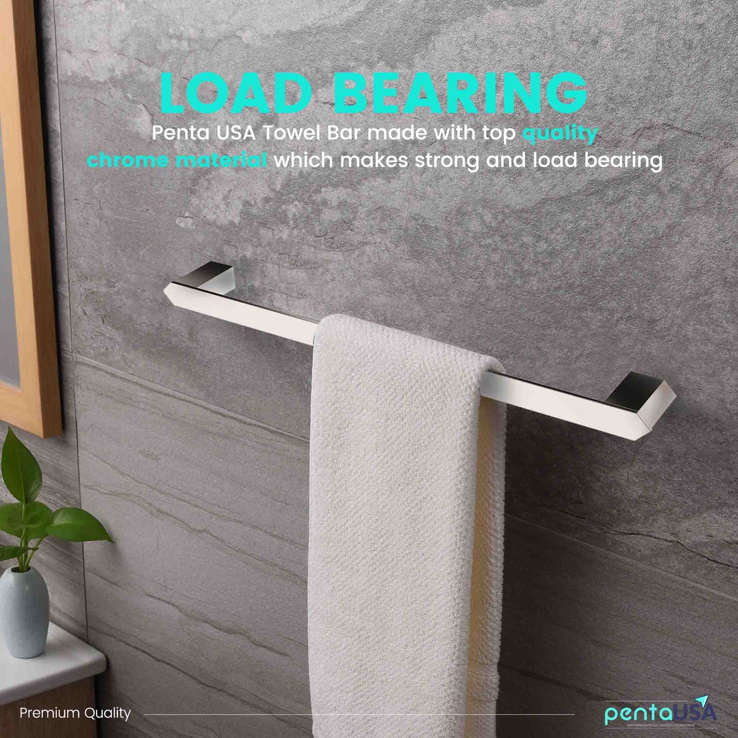 PentaUSA Modern Chrome Towel Bar – Wall Mounted Bathroom Towel Holder, Heavy Duty Stainless Steel Towel Rack