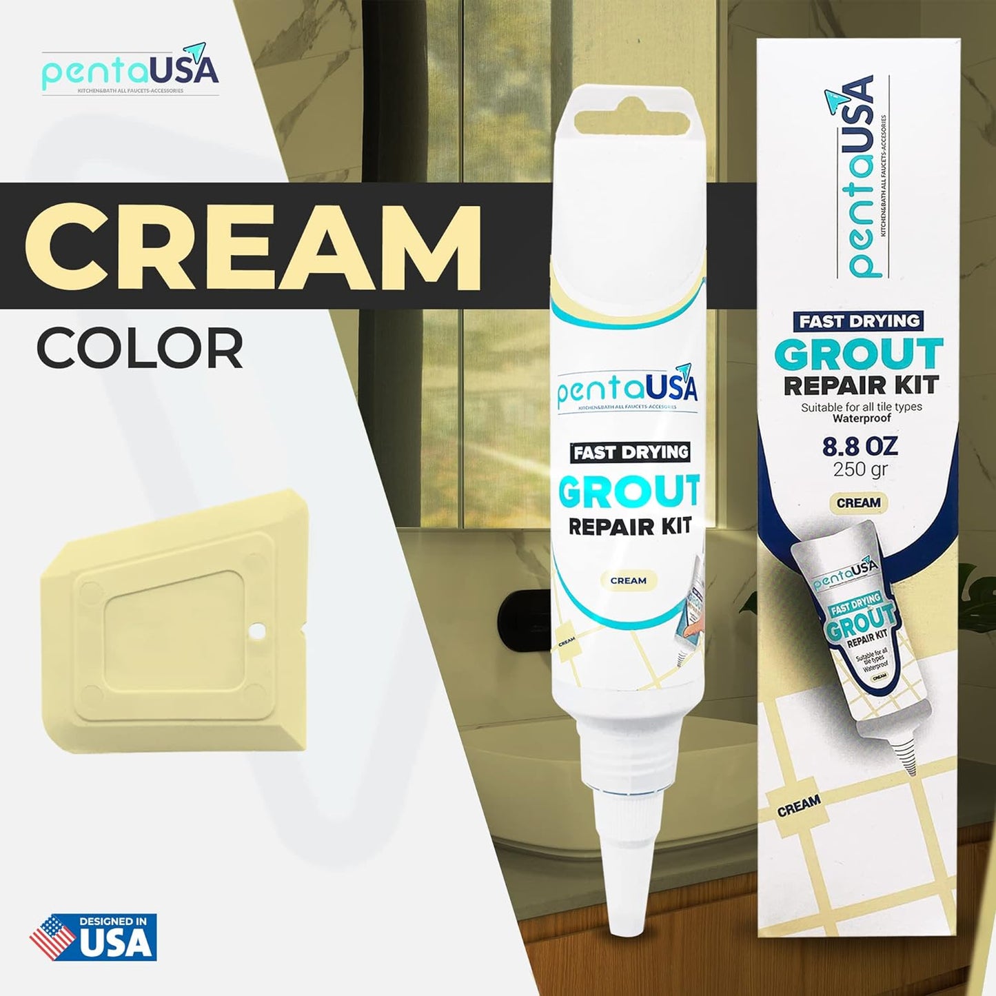 Cream Tile Grout Repair Tube 8.8 oz,250 Gr,Fast Drying Renews Tile Grout