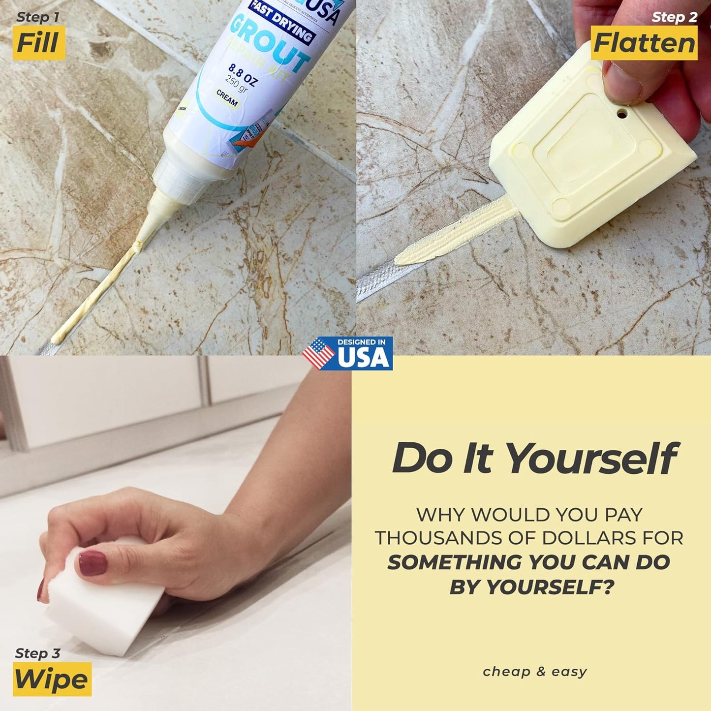 Cream Tile Grout Repair Tube 8.8 oz,250 Gr,Fast Drying Renews Tile Grout