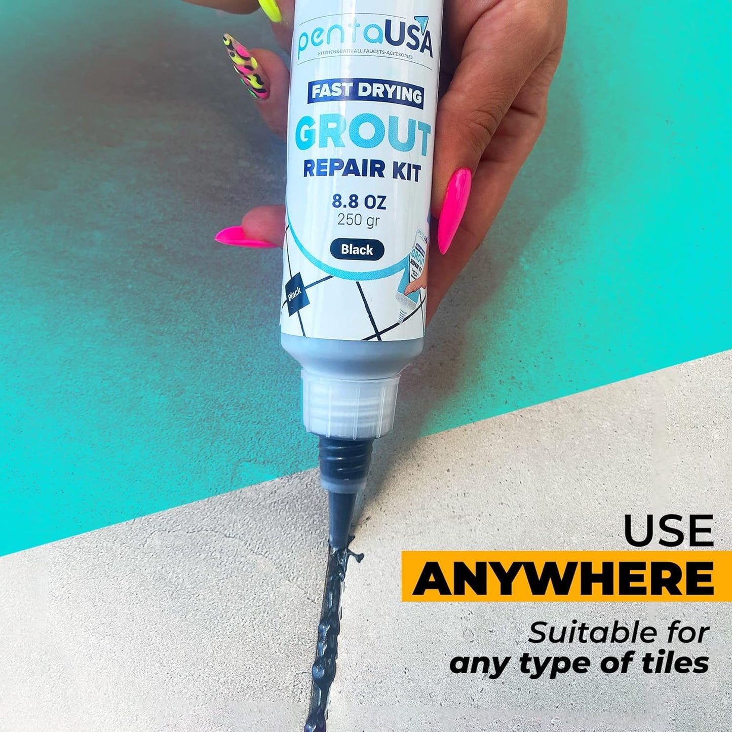 Black Tile Grout Repair Tube 8.8 oz,250 Gr,Fast Drying Restore and Renew Grouts