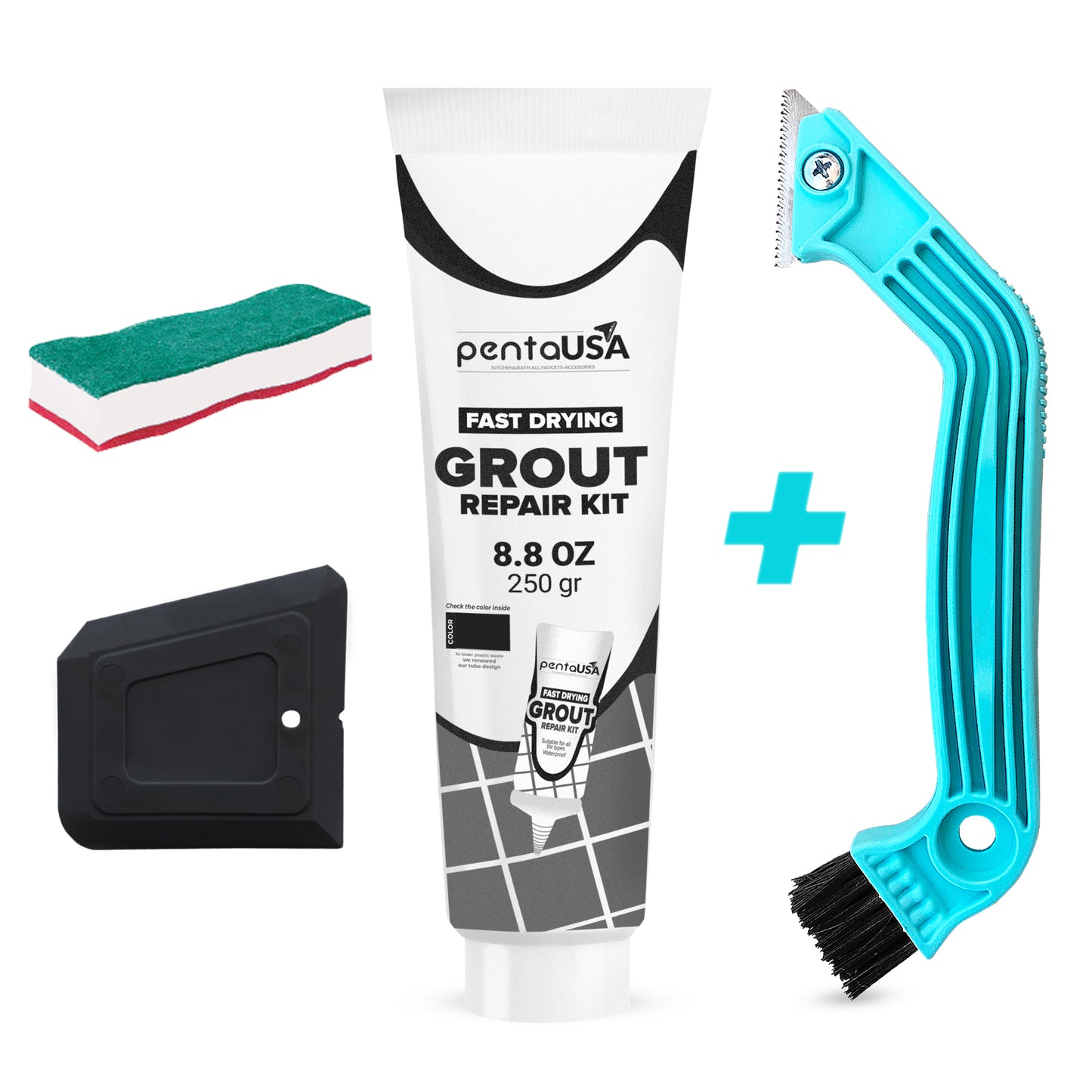 Black Bundle Set Tile Grout Repair Kit- 8.8 oz Grout,with Grout Removal Tool and Remover Saw Sponge,Cleaner