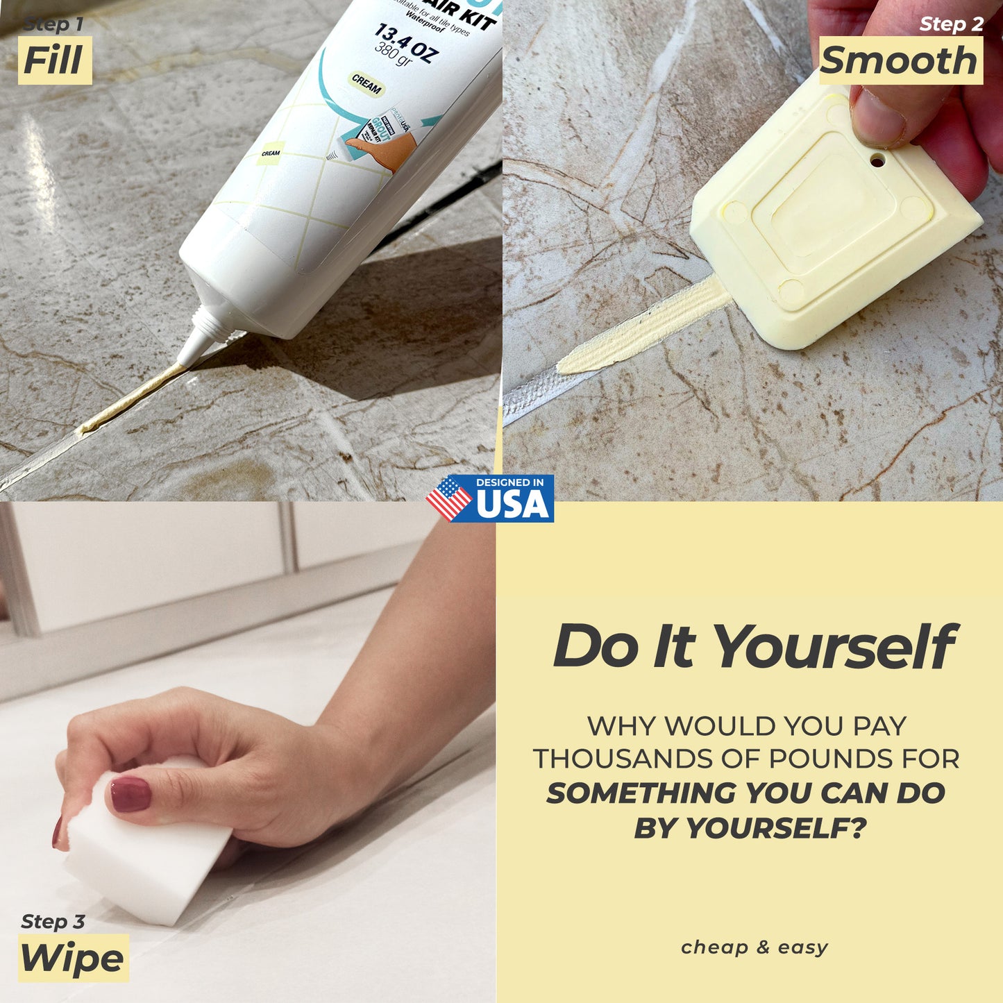 Cream Tile Grout Repair - 13.4 oz Grout Filler Repairs Renews Tube, Fast Drying Grout