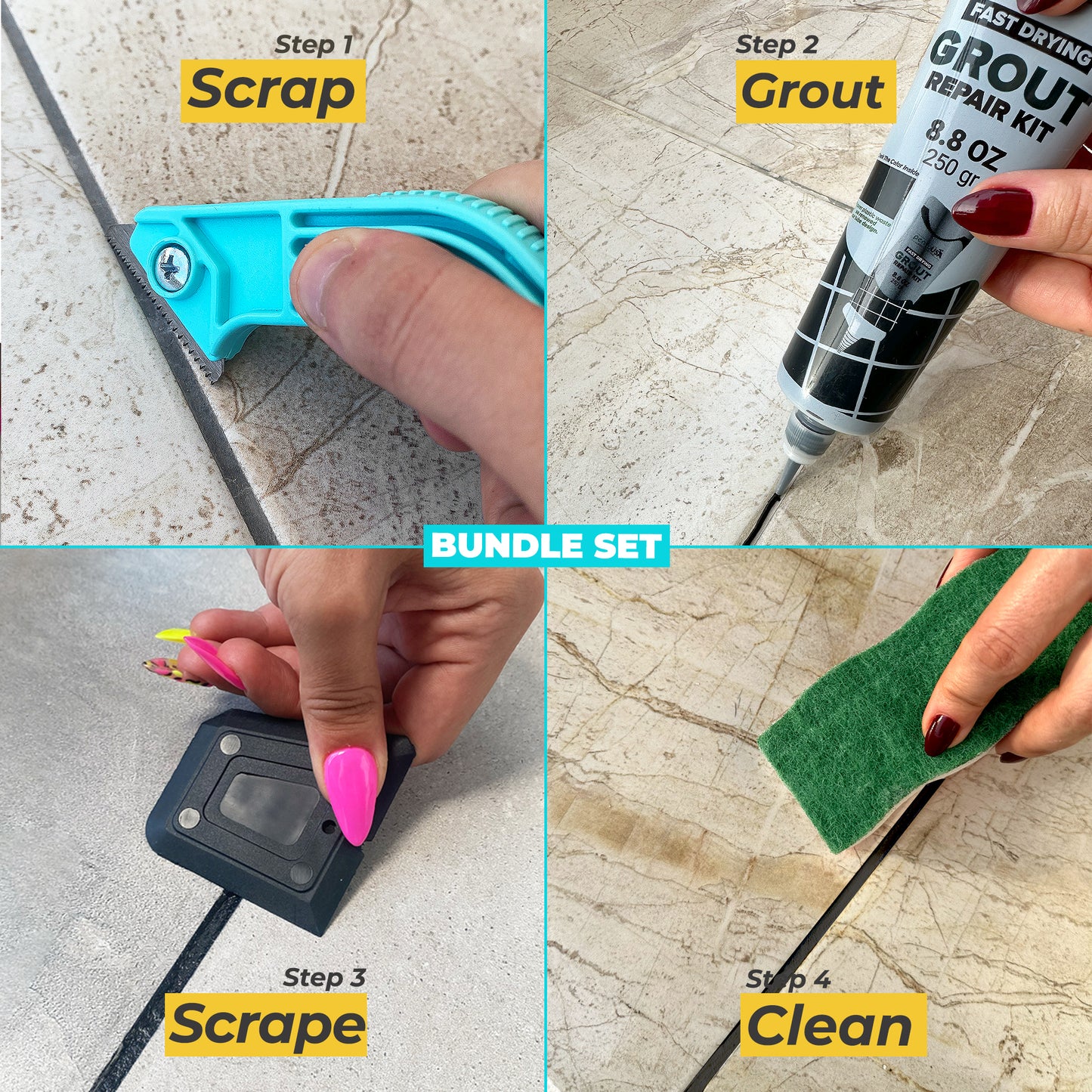 Black Bundle Set Tile Grout Repair Kit- 8.8 oz Grout,with Grout Removal Tool and Remover Saw Sponge,Cleaner