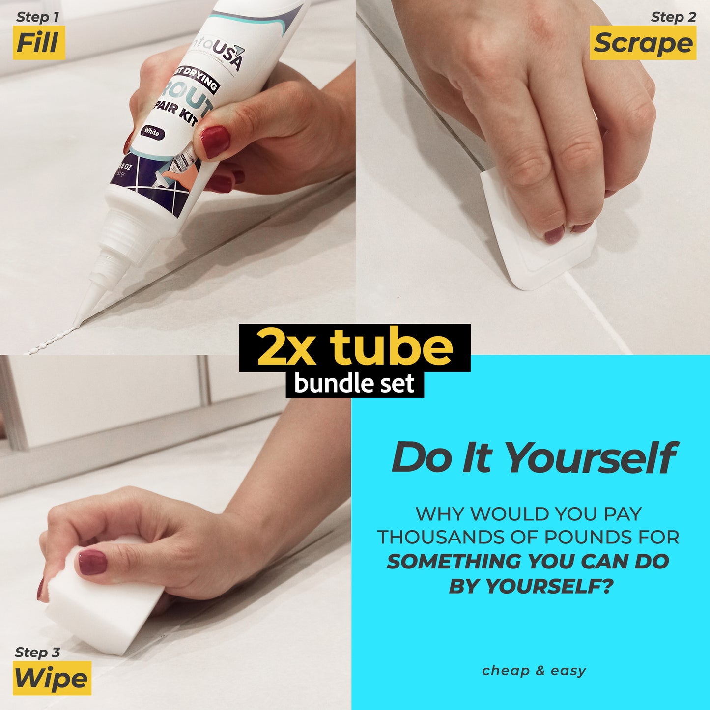 2 Pack White Tile Grout- 2X8.8 oz,250 Gr, Fast Drying Repairs and Renews Tile Grout in Bathroom and Kitchen