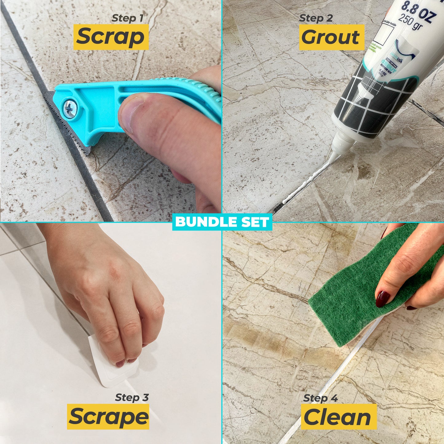 White Bundle Set Tile Grout Repair Kit- 8.8 oz Grout,with Grout Removal Tool and Remover Saw Sponge,Cleaner