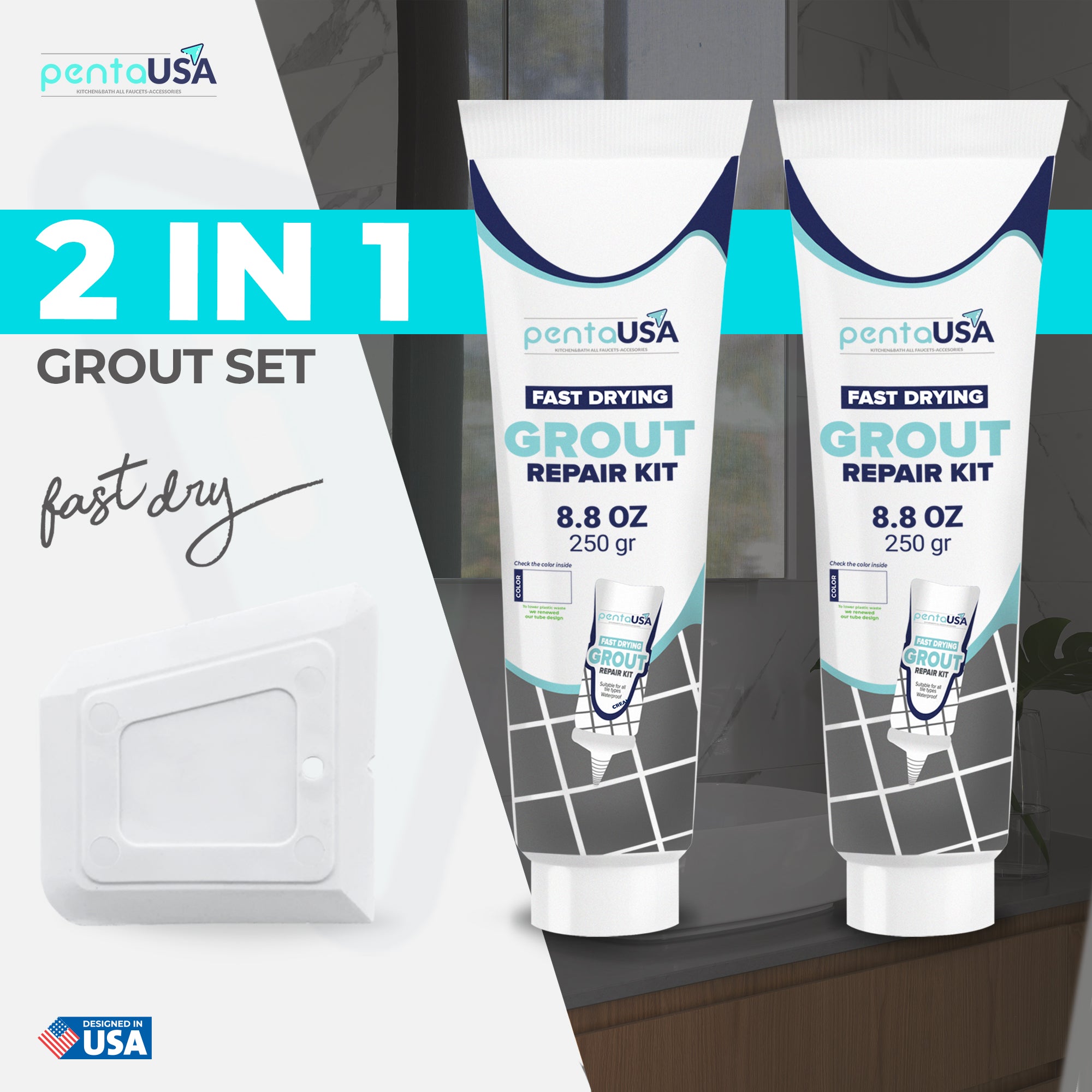 2 Pack White Tile Grout- 2X8.8 oz,250 Gr, Fast Drying Repairs and Renews Tile Grout in Bathroom and Kitchen