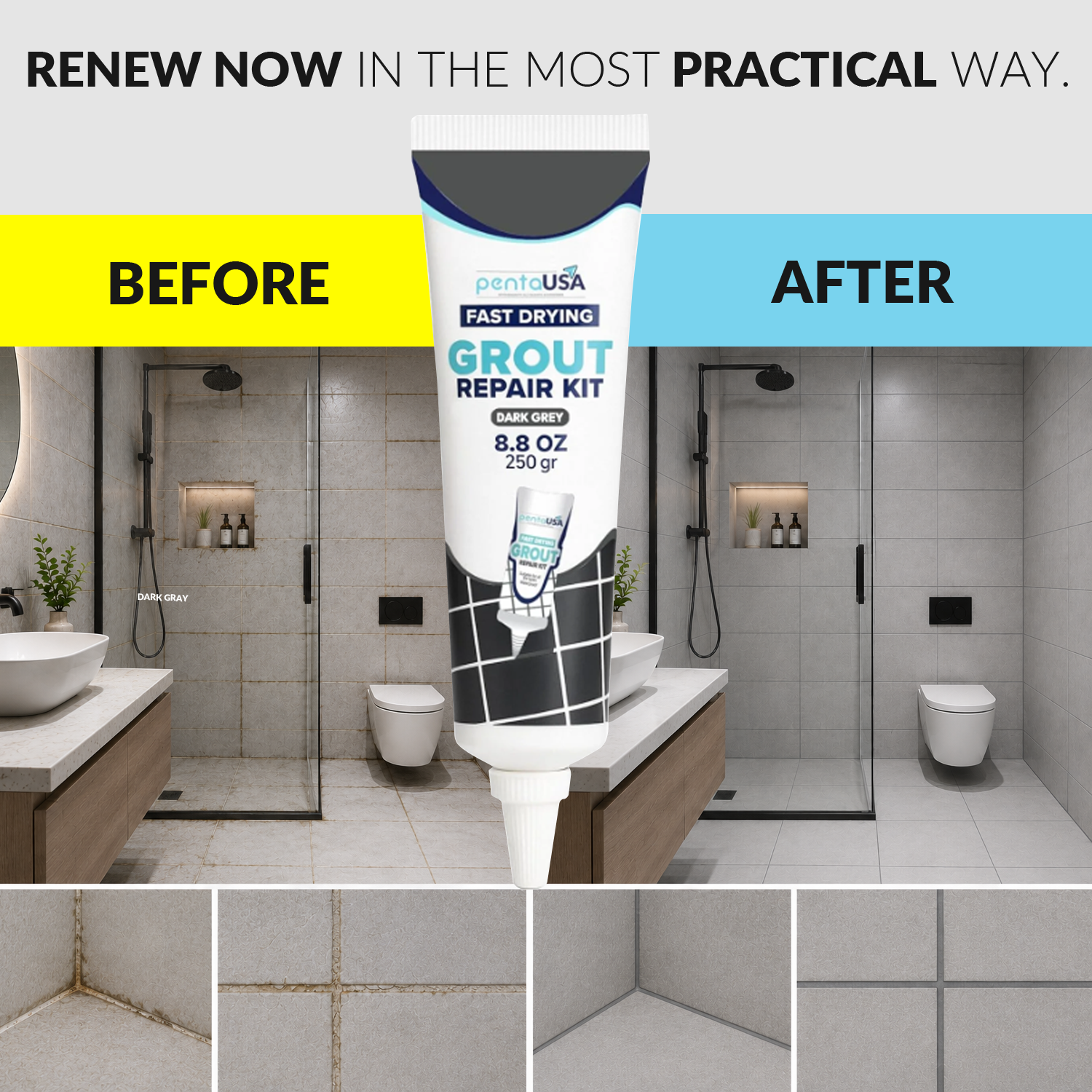 2 Pack Dark Gray Tile Grout- 2X8.8 oz,250 Gr, Fast Drying Repairs and Renews Tile Grout in Bathroom and Kitchen