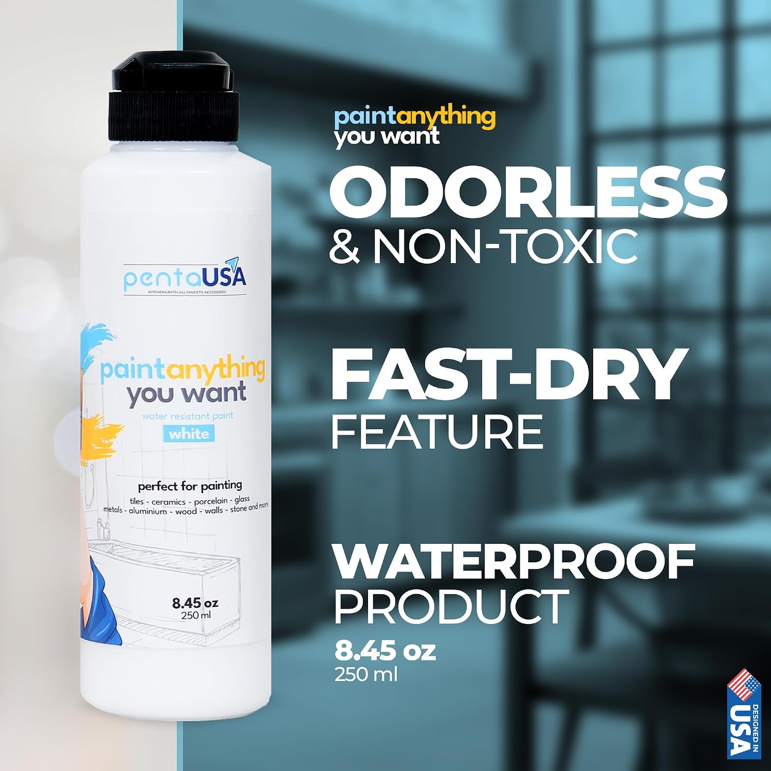 All in One Paint - 8.45oz | Waterproof Paint for Bathroom, Sink, Kitchen Cabinets, Countertops, Tub Paint, Tile Paint, Acrylic Paint for Wet Surfaces