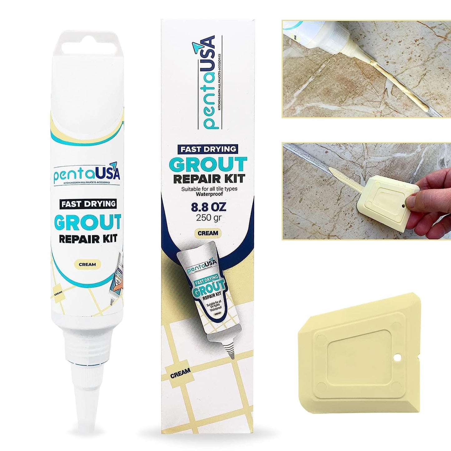 Cream Tile Grout Repair Tube 8.8 oz,250 Gr,Fast Drying Renews Tile Grout