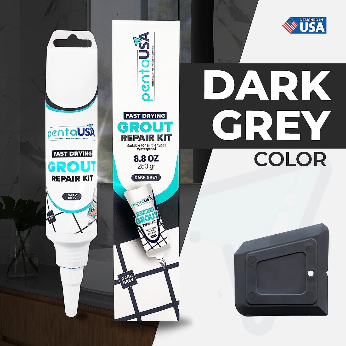 Dark Grey Tile Grout Repair Tube 8.8 oz,250 Gr,Fast Drying Restore and Renew Grouts