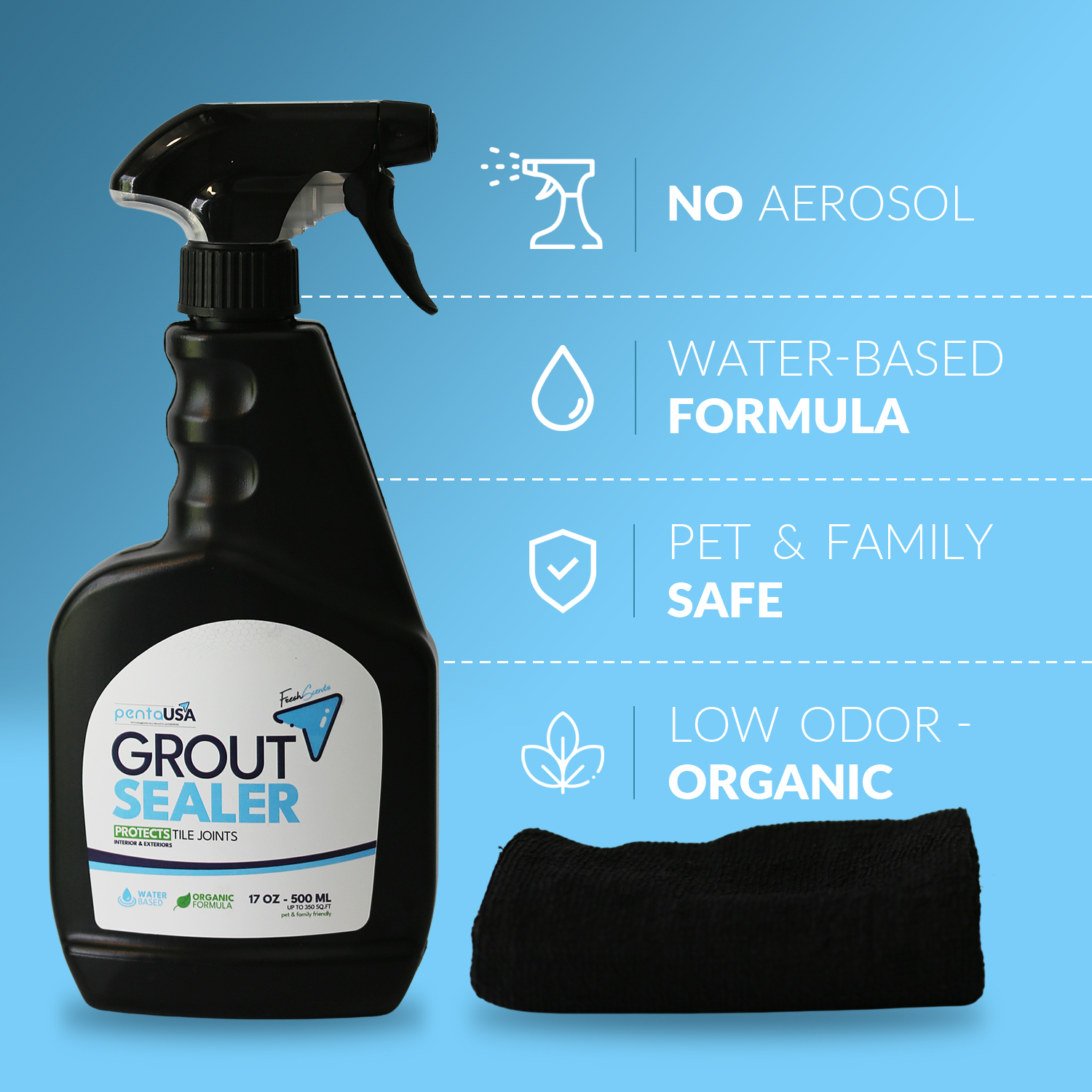Grout Sealer 17 oz - 500 ML, Water-Based Tile Joint Protector with Microfiber Cloth - Interior & Exterior