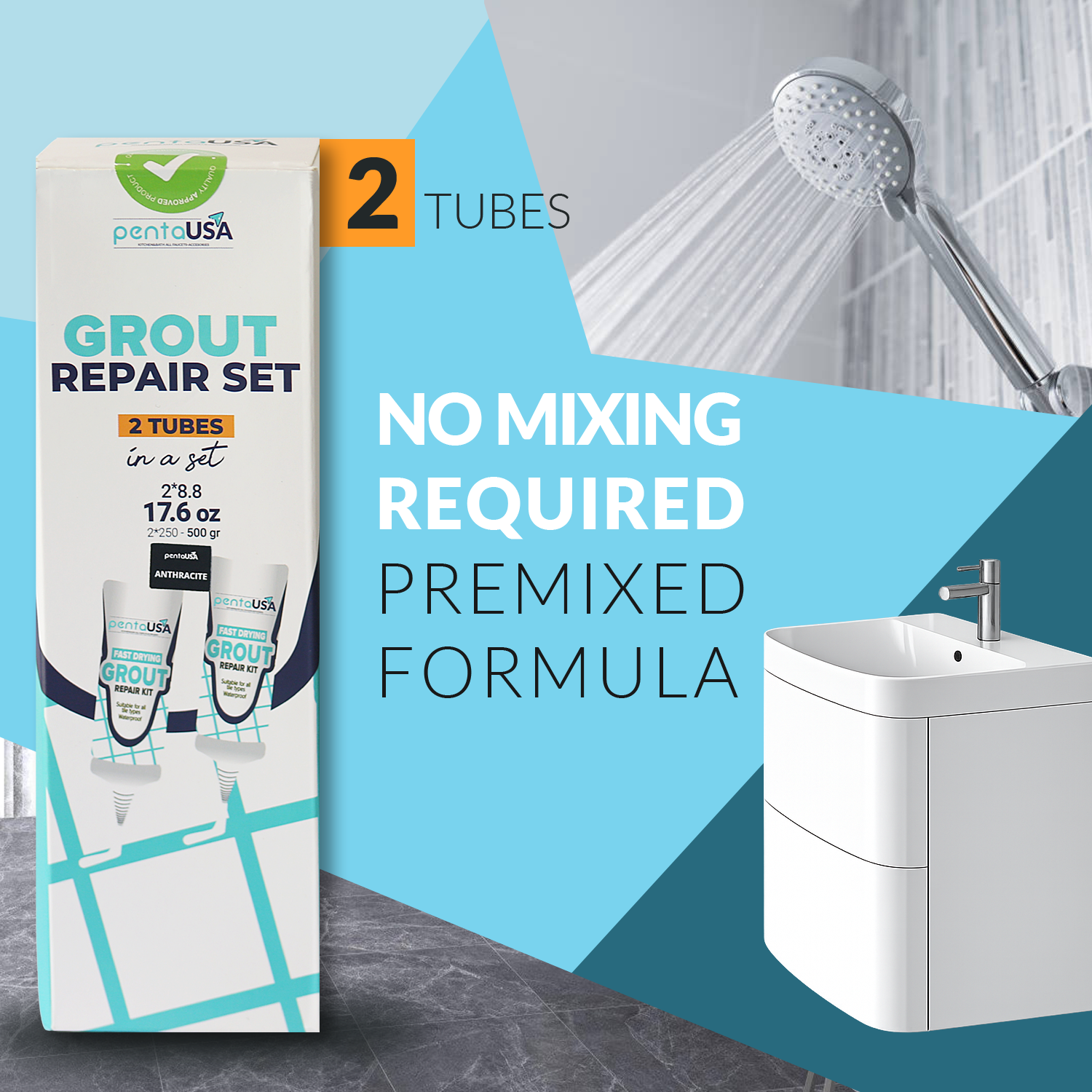 2 Pack Premixed Tile Grout - 2X8.8 oz,2X250 Gr, Fast Drying Repairs and Renews Tile Grout in Bathroom and Kitchen