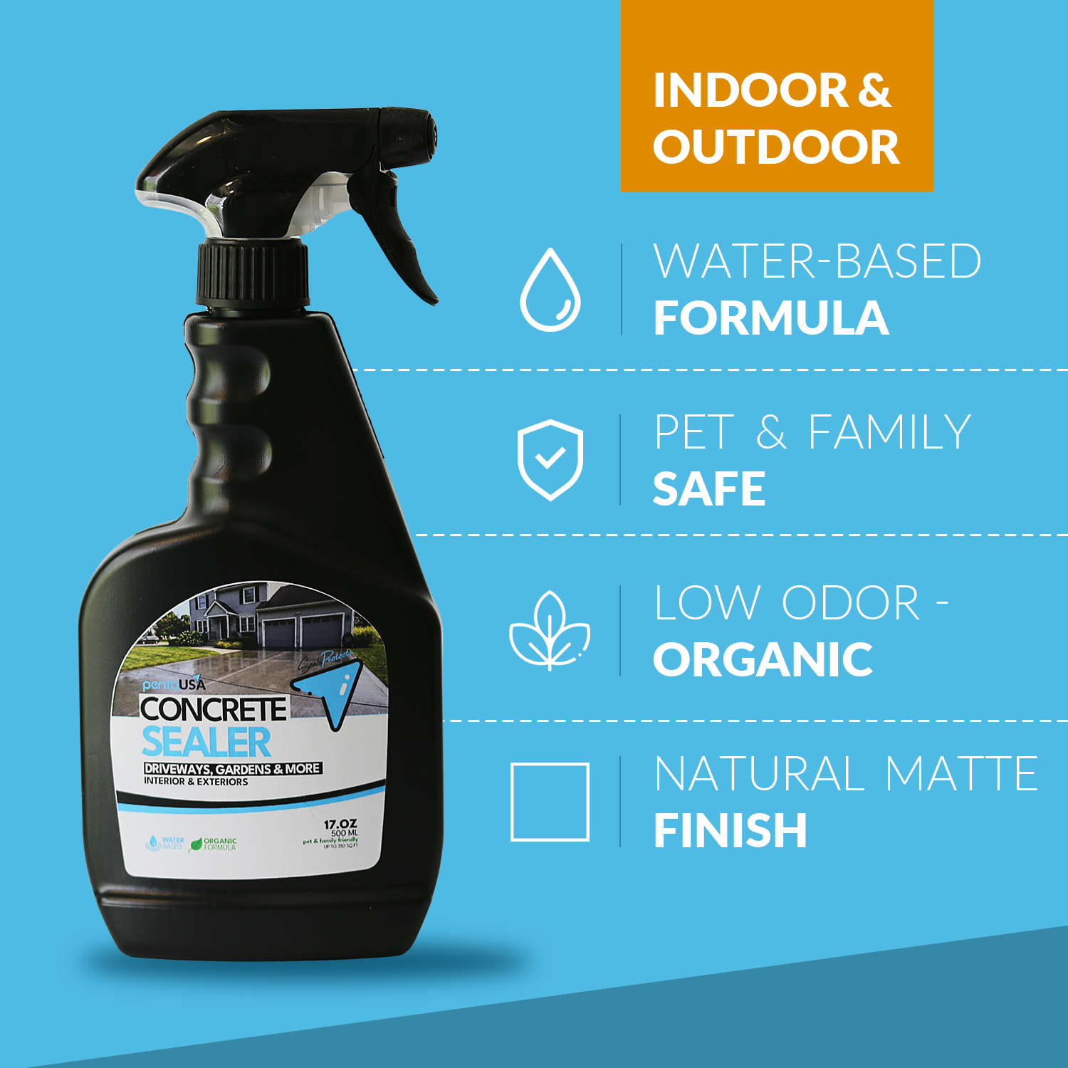 Concrete Sealer 17 oz - 500 ML, Water-Based Water Repellent for Driveways, Patios & Walkways - Indoor & Outdoor
