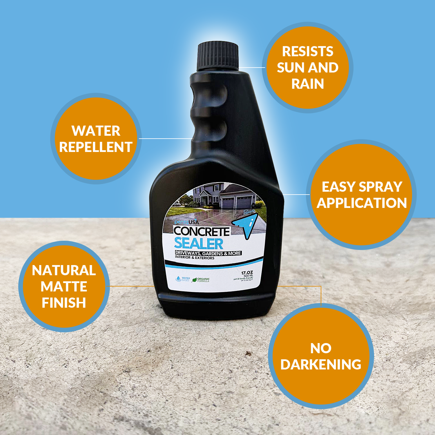 Concrete Sealer 17 oz - 500 ML, Water-Based Water Repellent for Driveways, Patios & Walkways - Indoor & Outdoor