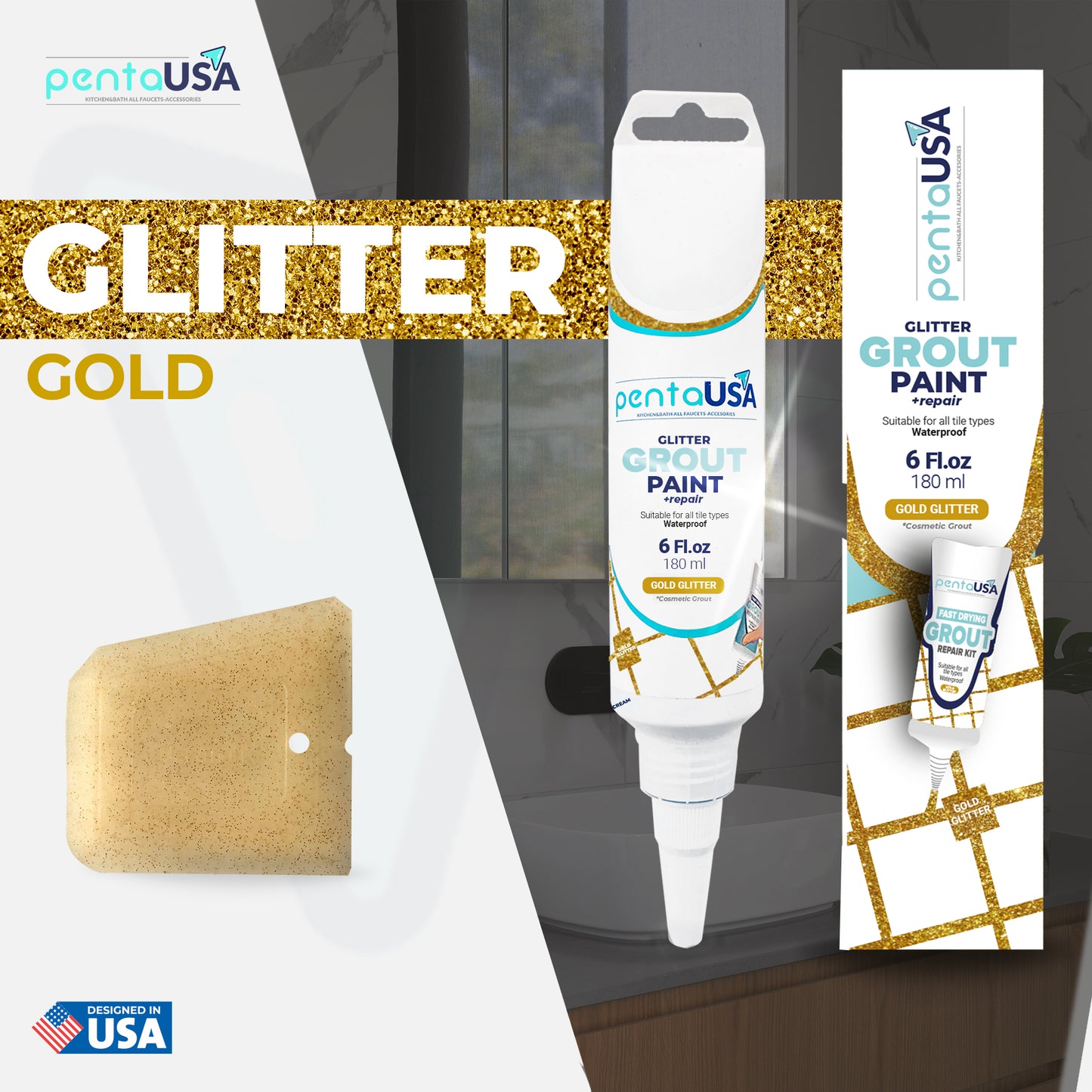 Gold Glitter Tile Grout - 6 Fl Oz Fast Drying Grout Paint, Shiny Grout Repair Kit,Water-Based