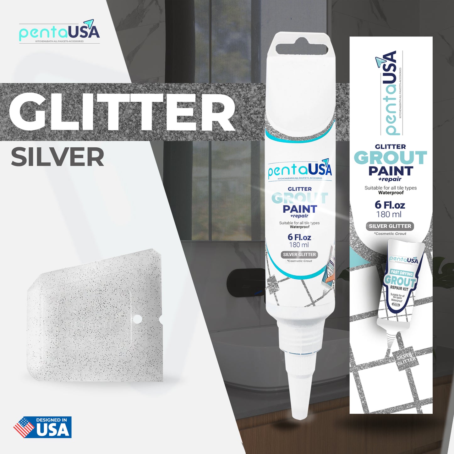 Silver Glitter Tile Grout - 6 Fl oz,180 mlFast Drying Grout Paint, Shiny Grout Repair Kit,Water-Based