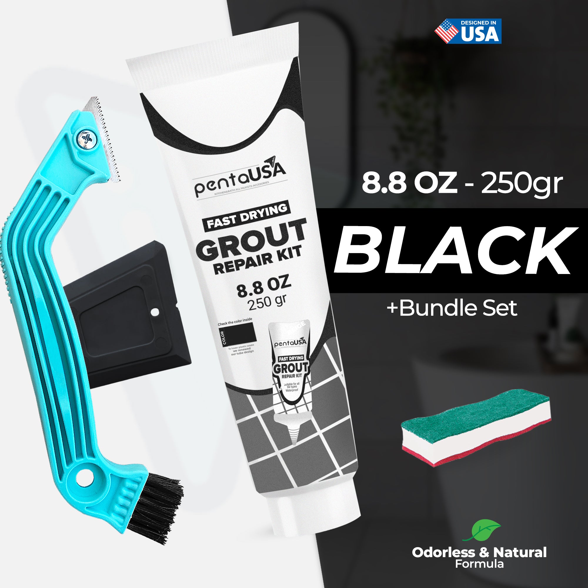 Black Bundle Set Tile Grout Repair Kit- 8.8 oz Grout,with Grout Removal Tool and Remover Saw Sponge,Cleaner