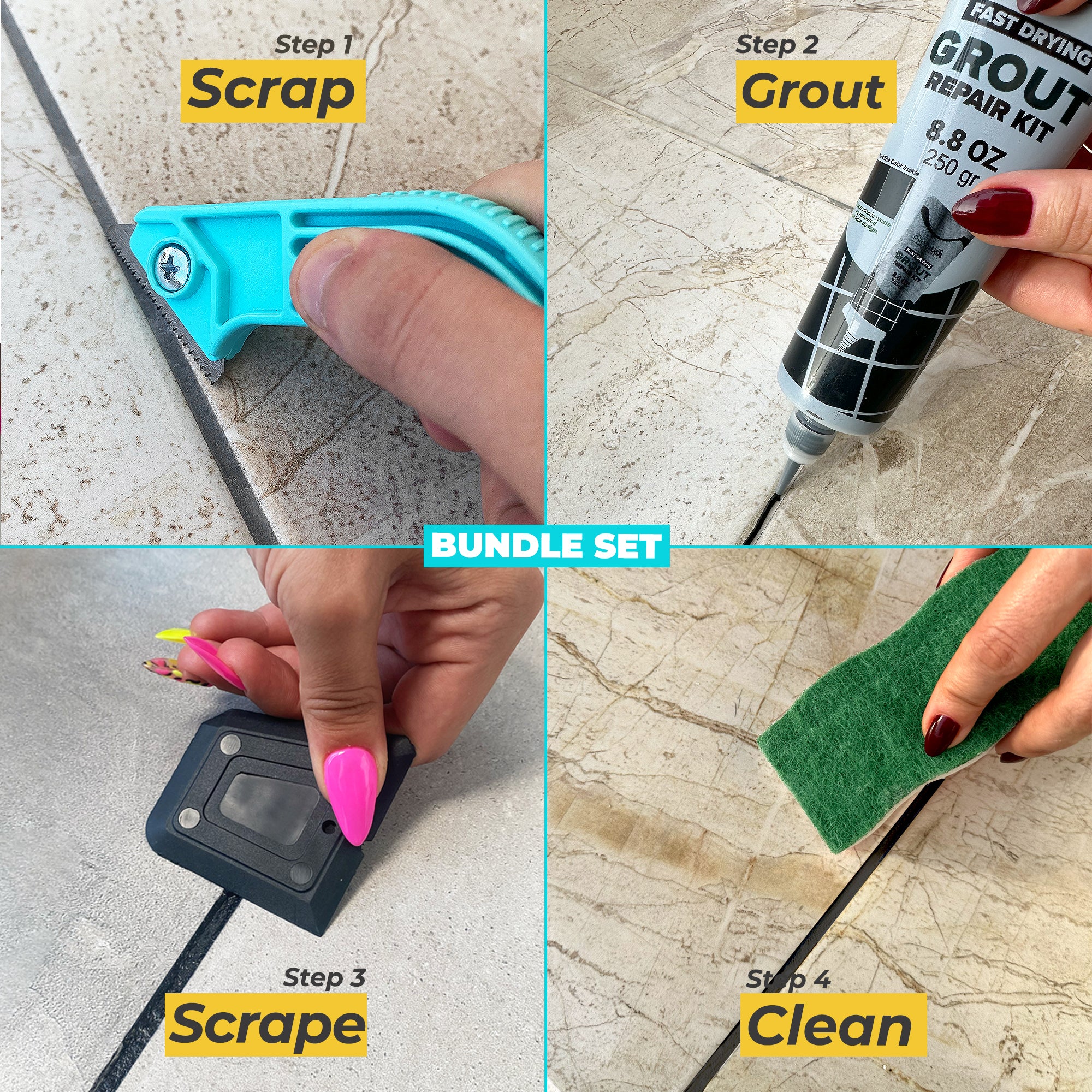 Black Bundle Set Tile Grout Repair Kit- 8.8 oz Grout,with Grout Removal Tool and Remover Saw Sponge,Cleaner