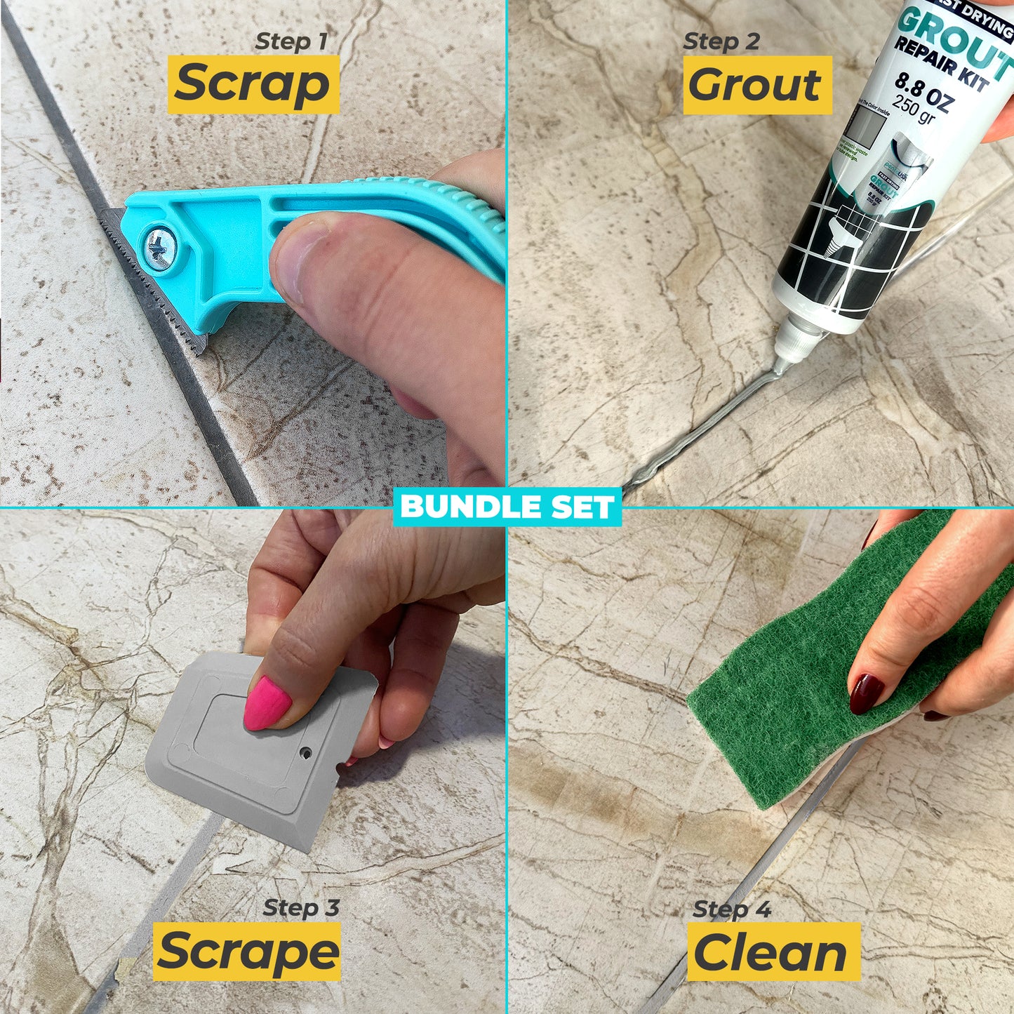 Grout Repair -  Bundle Set Tile Grout Repair Kit- 8.8 oz Grout,with Grout Removal Tool and Remover Saw Sponge,Cleaner